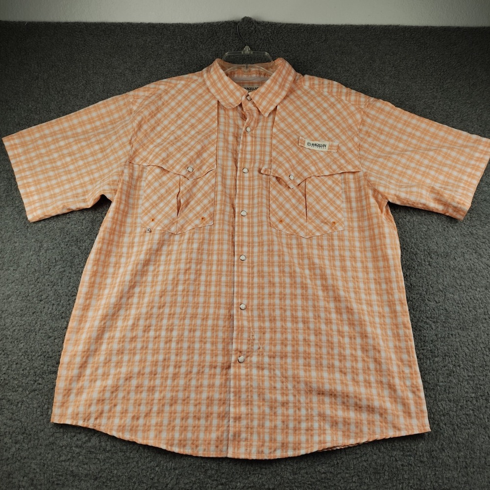 Magellan Fishing Shirt Mens Large Fish Gear Orange Plaid Snap Front Wicking